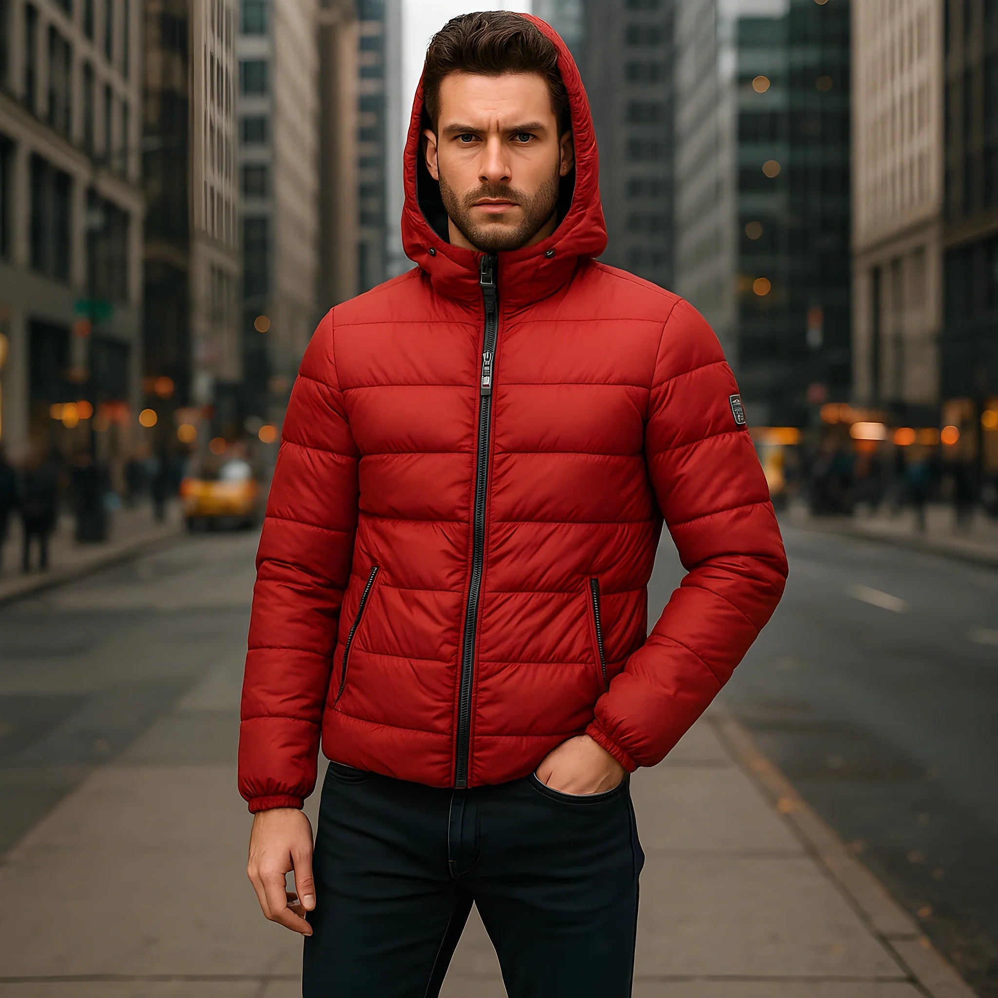 Man wearing accessible designer red jacket
