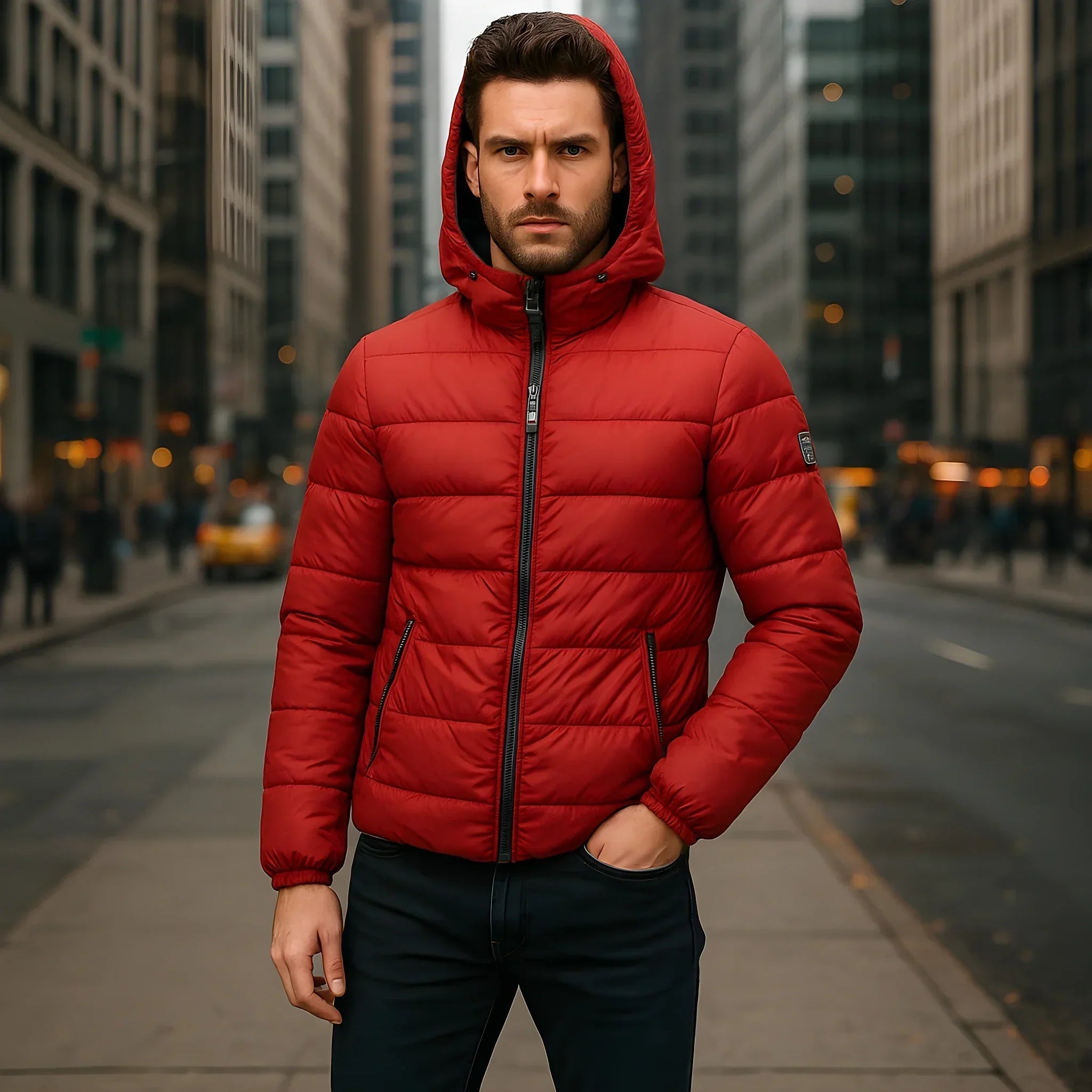 Man wearing accessible designer red jacket