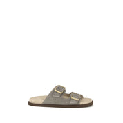 Brunello Cucinelli Gray Calf Leather Bos Taurus Flat Sandals