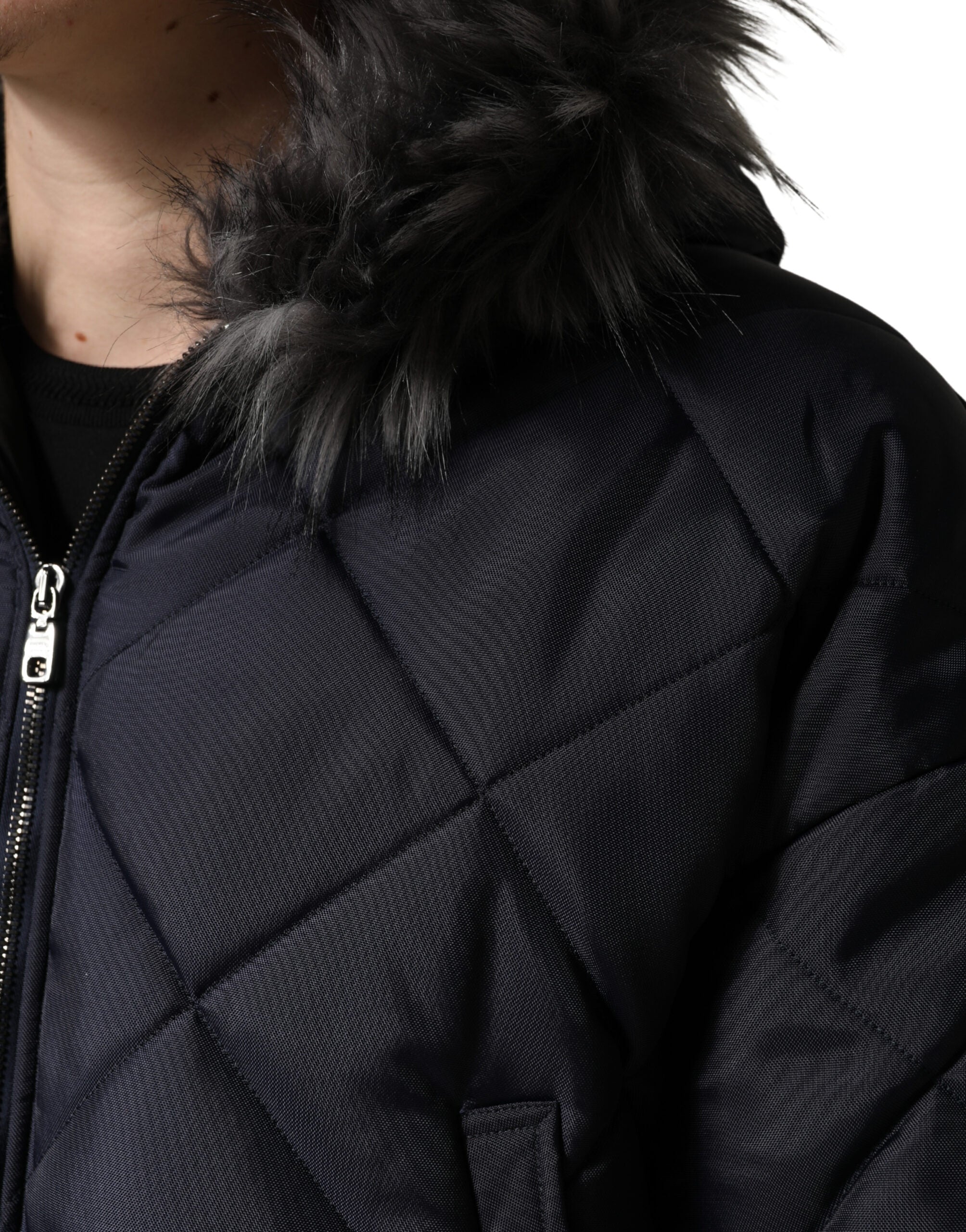 Dolce & Gabbana Black Quilted Fur Shearling Hooded  Jacket