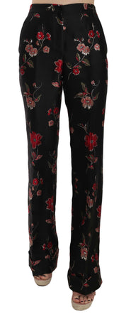 Dolce & Gabbana Floral Print Black Boot Cut Trouser Pants