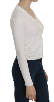 BYBLOS White V-neck Long Sleeve Cropped Cardigan Tops Sweater