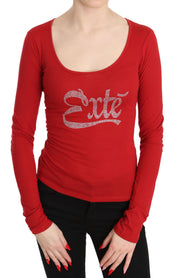 Red Exte Crystal Embellished Long Sleeve Top Blouse