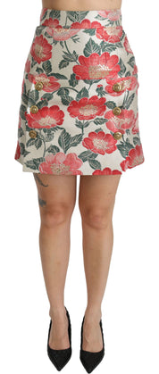 Dolce & Gabbana White Green Red Floral High Waist Mini Skirt