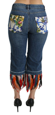 Dolce & Gabbana Blue Feathers Low Waist Cropped Cotton Jeans