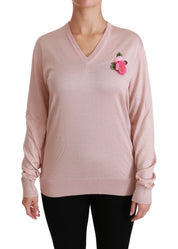 Dolce & Gabbana Pink Floral Embellished Pullover Silk Sweater