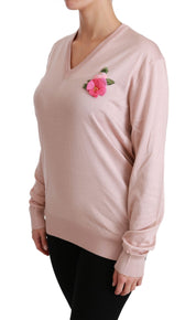Dolce & Gabbana Pink Floral Embellished Pullover Silk Sweater