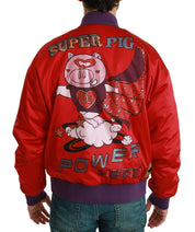 Dolce & Gabbana Vibrant Red Bomber Jacket with Multicolor Motif