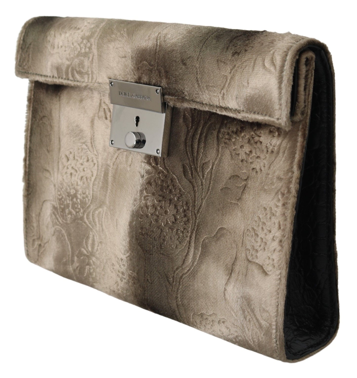 Beige Velvet Croco-Print Leather Briefcase Clutch