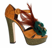 Dolce & Gabbana Orange Leather Crystal Platform Sandal Shoes