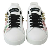 Dolce & Gabbana White Leather Crystal Roses Floral Sneakers Shoes