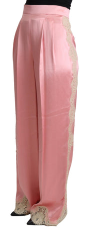 Dolce & Gabbana Pink Lace Trimmed Silk Satin Wide Legs Pants