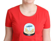 Moschino Red Printed Cotton Short Sleeves Tops Blouse T-shirt