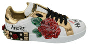 Dolce & Gabbana White Roses Sequined Crystal Womens Sneakers Shoes