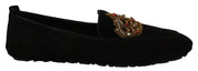 Dolce & Gabbana Elegant Black Leather Loafer Slides with Gold Embroidery