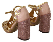 Dolce & Gabbana Pink Gold Leather Crystal Pumps T-strap Shoes
