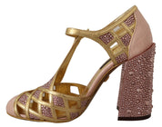 Dolce & Gabbana Pink Gold Leather Crystal Pumps T-strap Shoes