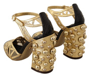 Dolce & Gabbana Black Gold Leather Studded Ankle Straps Shoes