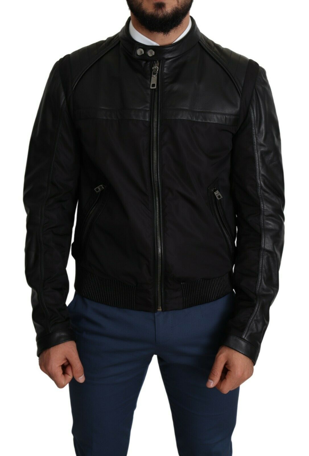 Dolce & Gabbana Elegant Black Bomber with Leather Accents