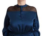 Masha Ma Blue Silk Long Sleeves Elastic Waist Top Blouse