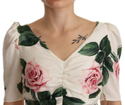 Dolce & Gabbana White Roses Print Stretch Silk Pleated Dress