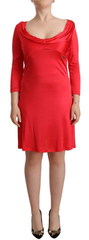 John Galliano Red Viscose 3/4 Sleeves Deep Round Neck Sheath Dress