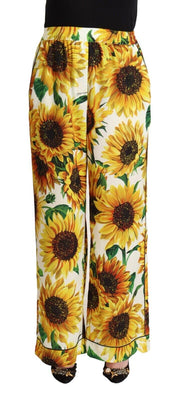 Dolce & Gabbana White Sunflower Print Mid Waist Wide Leg Pants