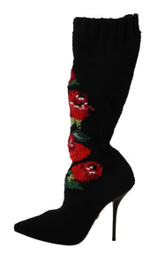 Dolce & Gabbana Black Stretch Socks Red Roses Booties Shoes