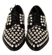 Dolce & Gabbana Black Leather Crystals Lace Up Formal Shoes
