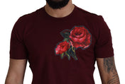 Dolce & Gabbana Elegant Bordeaux Roses Motif Crewneck Tee