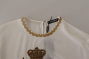 Dolce & Gabbana White Silk Gold DG Crown Crystal Blouse Top