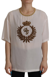 Dolce & Gabbana White Silk Gold DG Crown Crystal Blouse Top