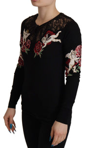 Dolce & Gabbana Black Lace Angel Roses Cardigan Sweater
