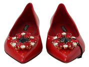 Dolce & Gabbana Red Leather Crystals Loafers Flats Shoes