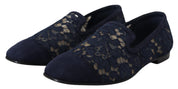 Dolce & Gabbana Blue Floral Lace Slip Ons Loafers Flats Shoes