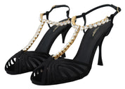 Dolce & Gabbana Black Satin Clear Crystal T-strap Sandal Shoes