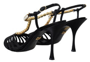 Dolce & Gabbana Black Satin Clear Crystal T-strap Sandal Shoes