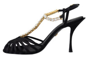 Dolce & Gabbana Black Satin Clear Crystal T-strap Sandal Shoes