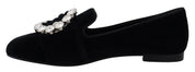 Dolce & Gabbana Black Velvet Crystals Loafers Flats Shoes