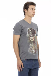 Trussardi Action Gray Cotton Men V-neck T-shirt