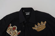 Dolce & Gabbana Elegant Black Slim Fit Dress Shirt with Crown Embroidery