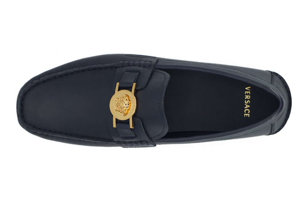 Versace Elegant Navy Blue Calf Leather Loafers