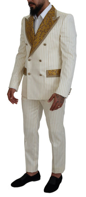 Dolce & Gabbana Off White Gold Striped Tuxedo Slim Fit Suit