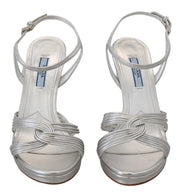 Prada Silver Leather Sandals Ankle Strap Heels Stiletto