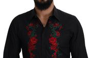 Dolce & Gabbana Black Floral Embroidery Men Long Sleeves GOLD Shirt