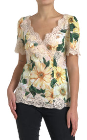 Dolce & Gabbana Multicolor Floral Lace V Neck Blouse