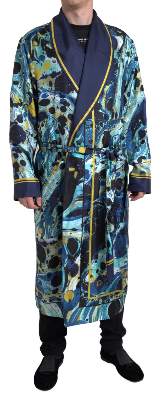 Marble Blue Silk Long Robe Luxury Sleepwear