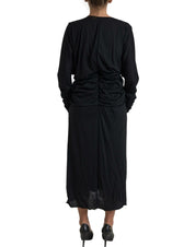 Dolce & Gabbana Black Wool Wrap Sheath Midi Gown Dress