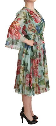 Dolce & Gabbana Multicolor Green Floral Silk Wrap Midi Dress