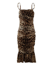 Dolce & Gabbana Brown Leopard Print Ruched Midi Dress